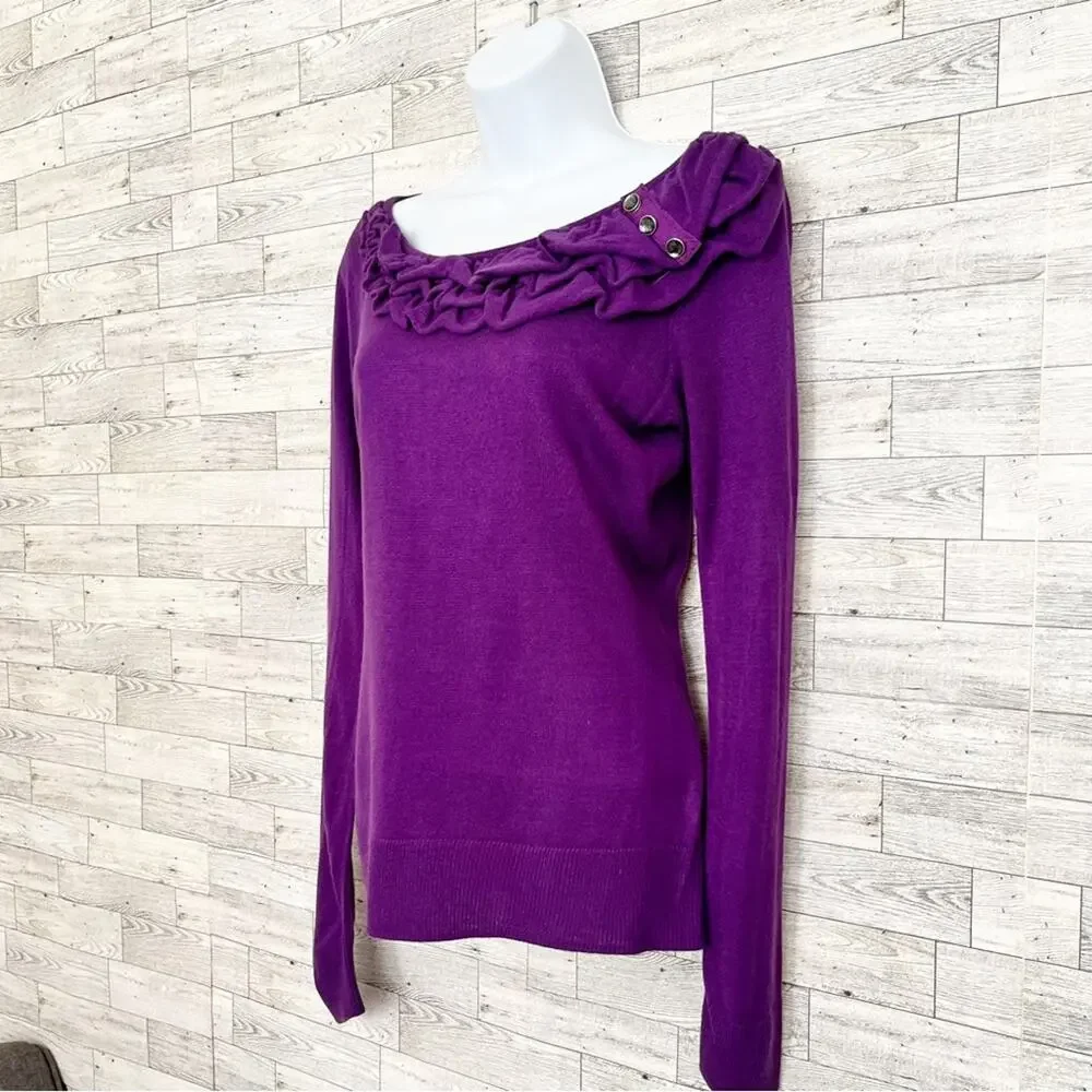 NEW YORK & COMPANY Purple Ruffle Trim Sweater, S